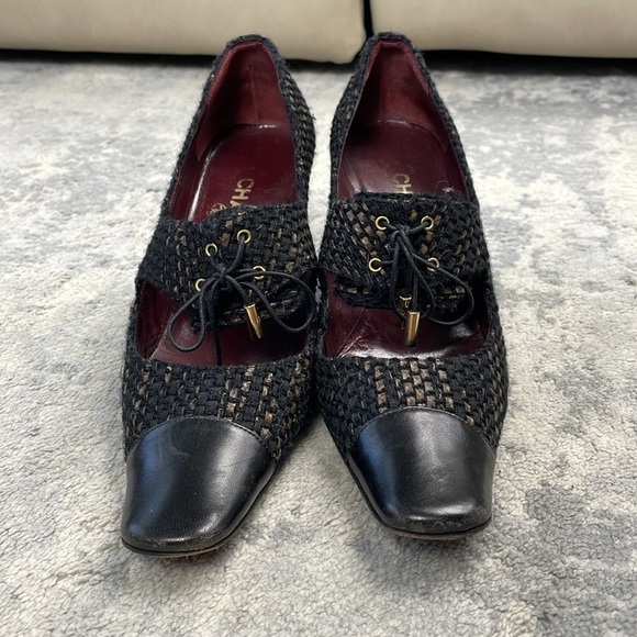 Vintage Chanel Tweed Squared Pointed Toe Lace Up Oxford Heels Sz 39.5 - Picture 6 of 15